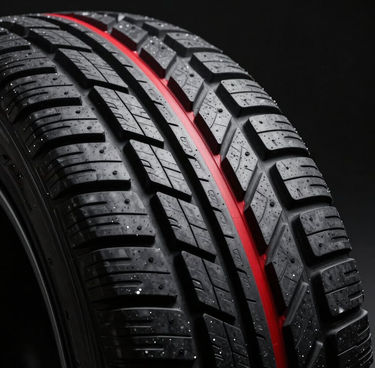 Extreme close-up macro studio shot of a Sailun Atrezzo tire tread pattern, dramatic high-contrast lighting highlighting the deep rubber grooves and sipes, sharp red accent line on the tread, black background.