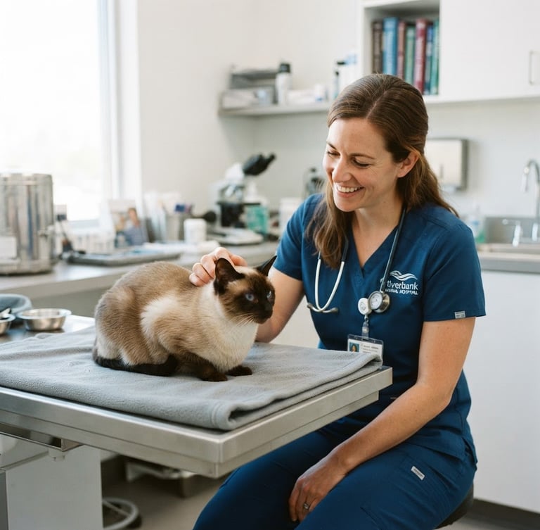 Veterinária sorrindo e interagindo gentilmente com um gato siamês calmo em uma mesa de exame moderna, luz natural brilhante, ambiente clínico limpo, soft depth of field, 35mm
