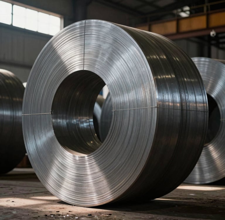 A high-contrast macro shot of raw industrial steel coils in a Karachi manufacturing plant, dramatic natural light from high windows, sharp architectural lines