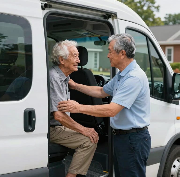 A warm, daylight medium shot of a professional driver offering a supportive arm to an elderly passenger stepping into a clean transport vehicle in a North Carolina neighborhood.