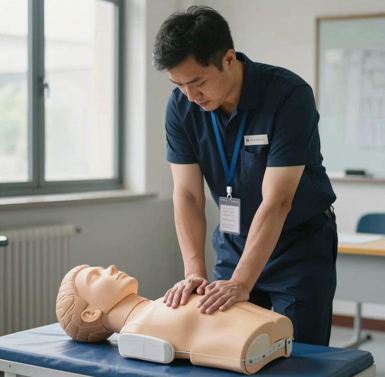 A professional safety instructor demonstrating CPR techniques on a training mannequin, soft natural light streaming through a window, clean modern classroom environment, focused and respectful atmosphere.
