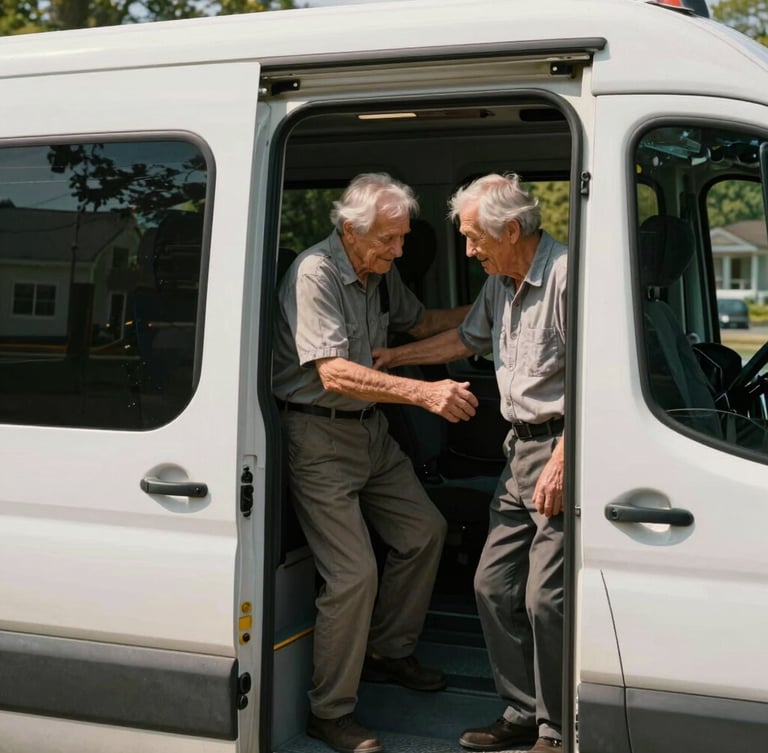 A warm, natural light photograph of a Divine Purpose driver offering a supportive arm to an elderly passenger stepping into a clean transport vehicle in a North Carolina neighborhood.