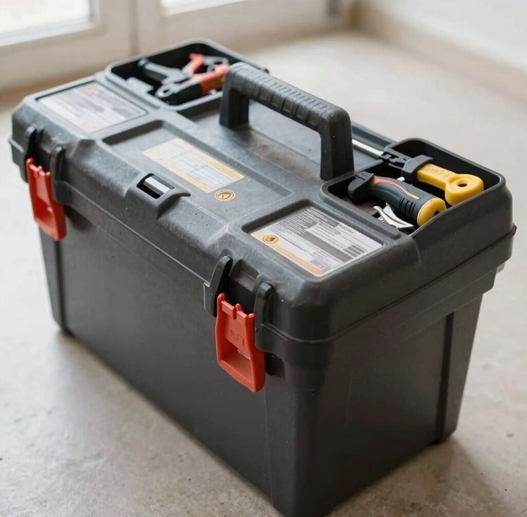 Close-up of a neat, organized toolbox on a clean floor, bright natural daylight, honest documentary photography, realistic clean colors, sharp focus, 35mm