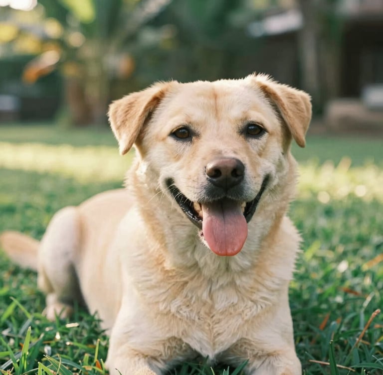 Close-up eye-level shot of a healthy Balinese dog smiling with its tongue out, lying on lush green grass under soft warm sunlight, tropical garden background