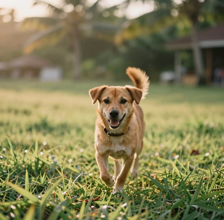 Eye-level shot of a happy Balinese rescue dog running freely on lush green grass, warm golden-hour tropical sunlight, shallow depth of field, 35mm film look