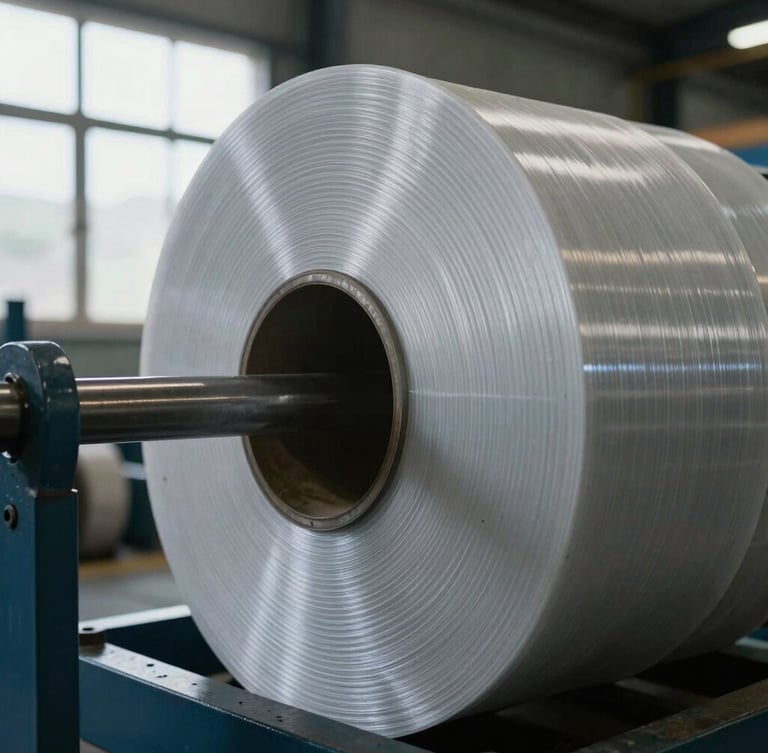 Close-up of industrial high-density polymer film rolls on a steel shaft, cool factory daylight filtering through warehouse windows, sharp focus, 35mm
