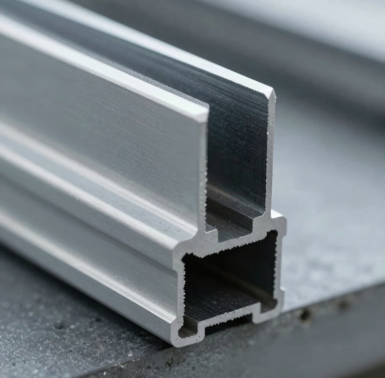 Sharp technical close-up of extruded PVC profiles with clean geometric edges, cool factory daylight, metallic tones, sharp macro focus, 35mm