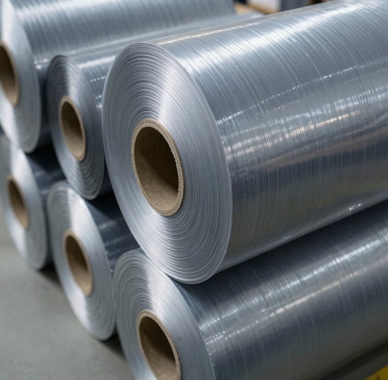 A macro technical close-up of heavy-duty plastic film rolls stacked on a clean factory floor, cool daylight highlighting the precise layered edges and high-contrast metallic slate gray tones, 35mm.
