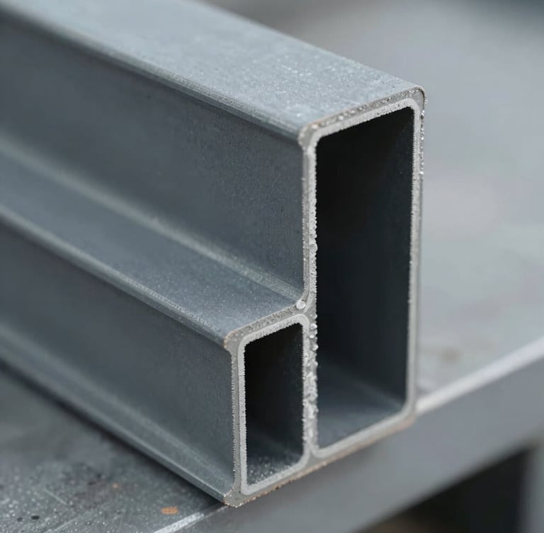 Sharp macro technical close-up of heavy-duty slate gray PVC extruded profile edges, cool factory daylight, high-contrast metallic tones