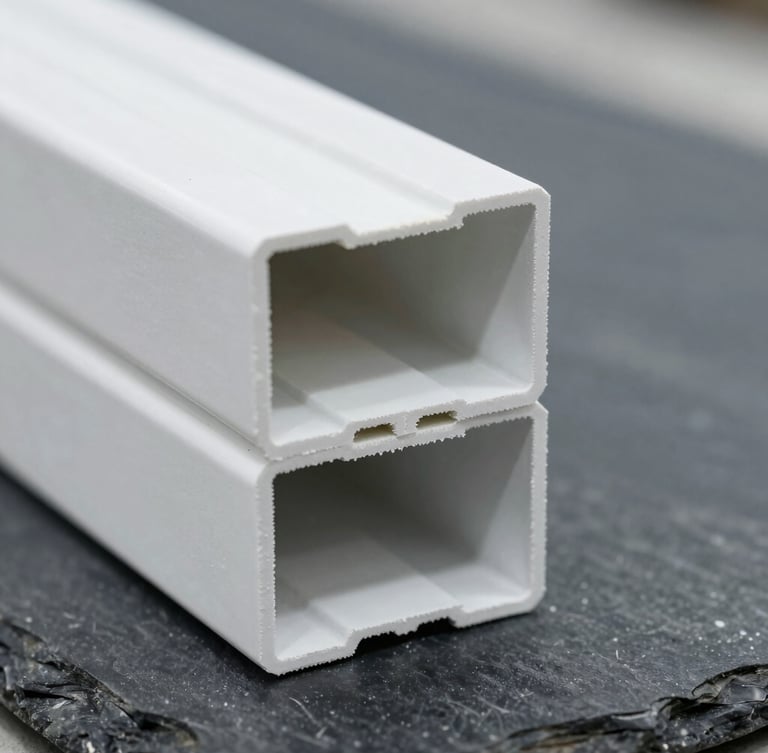 Sharp macro technical close-up of a white extruded PVC fence profile showing internal structural chambers, cool factory daylight, high-contrast slate tones, 35mm