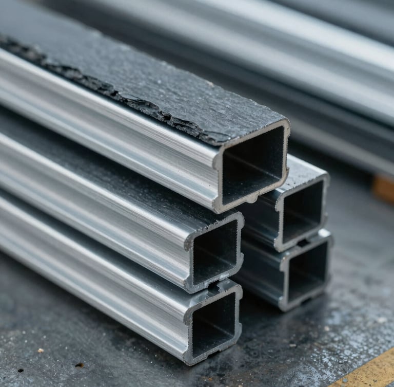 High-contrast macro photograph of extruded aluminum and PVC fence profiles stacked on a factory floor, cool-toned industrial task lighting, 35mm