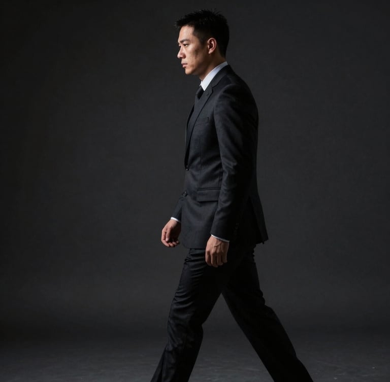 Professional security agent in a dark suit, walking with purpose, side profile, focused expression, low-key dramatic lighting, desaturated dark tones, portrait aspect.