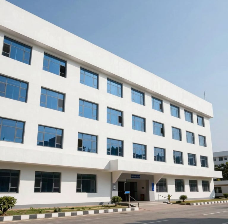 Bright daylight wide shot of the clean, modern white and blue clinical building facade in Gorakhpur, with professional architecture and clear sky background.