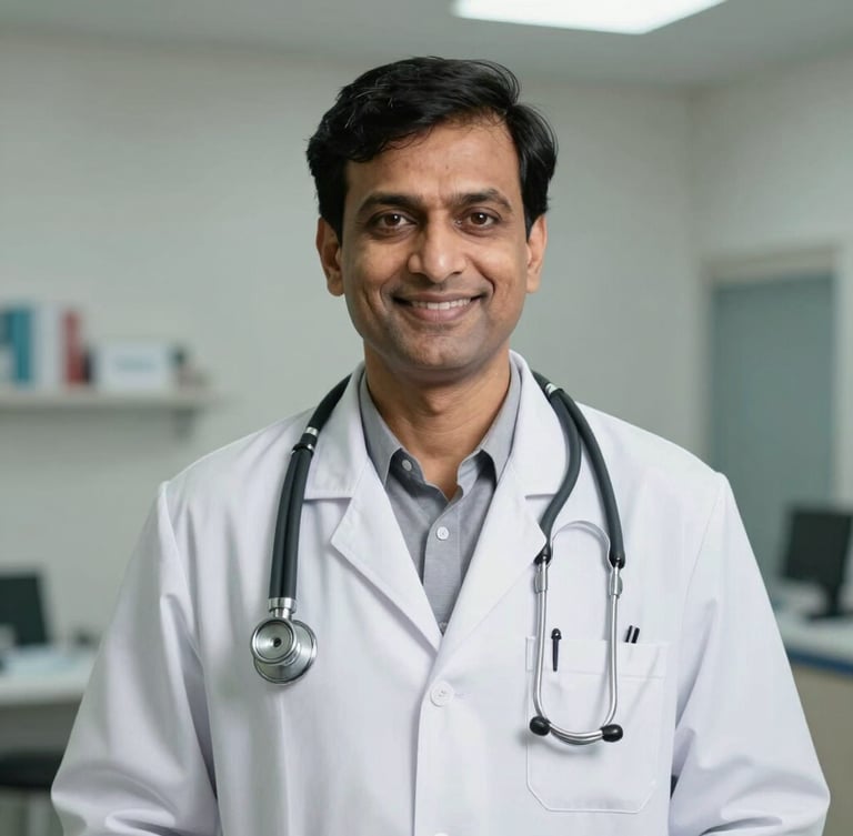 Professional eye-level portrait of Dr. R. S. Yadav in a clean white doctor coat with a stethoscope, smiling reassuringly in a well-lit medical clinic.