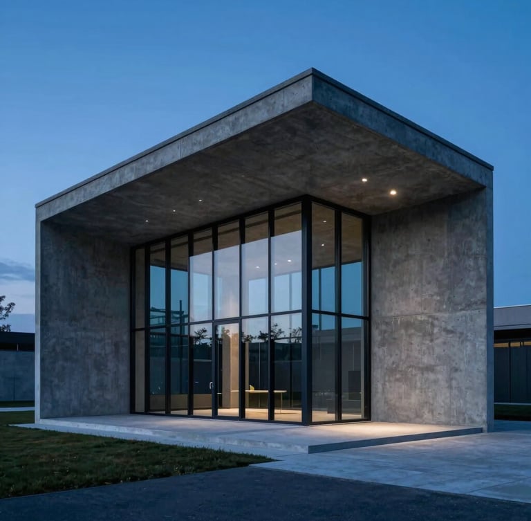 Sharp architectural photography of a modern concrete and glass pavilion, crisp twilight blue hour, deep navy and anthracite tones, sharp focus, 35mm tilt-shift lens.