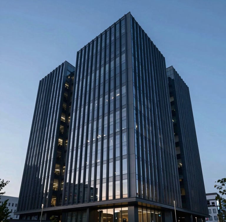Wide-angle architectural rendering of a modern office building facade, crisp twilight blue hour, sharp lines, deep navy tones, tilt-shift lens