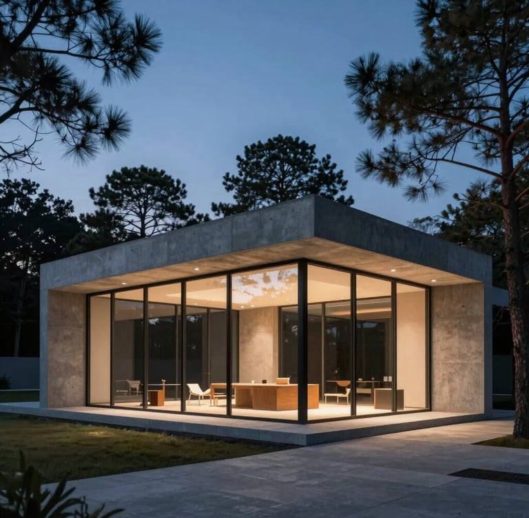 High-end architectural rendering of a modern concrete and glass pavilion at twilight, sharp focus, tilt-shift lens, warm interior lights casting soft glow on surrounding pine trees