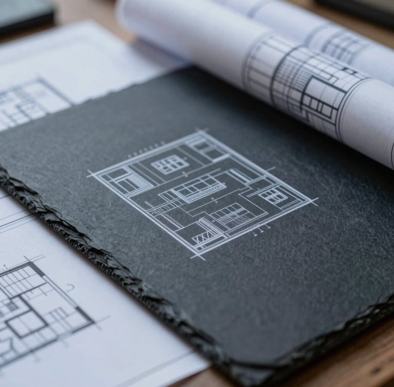 Macro detail of architectural blueprints lying on a clean dark slate desk, natural side light, sharp focus, professional workspace