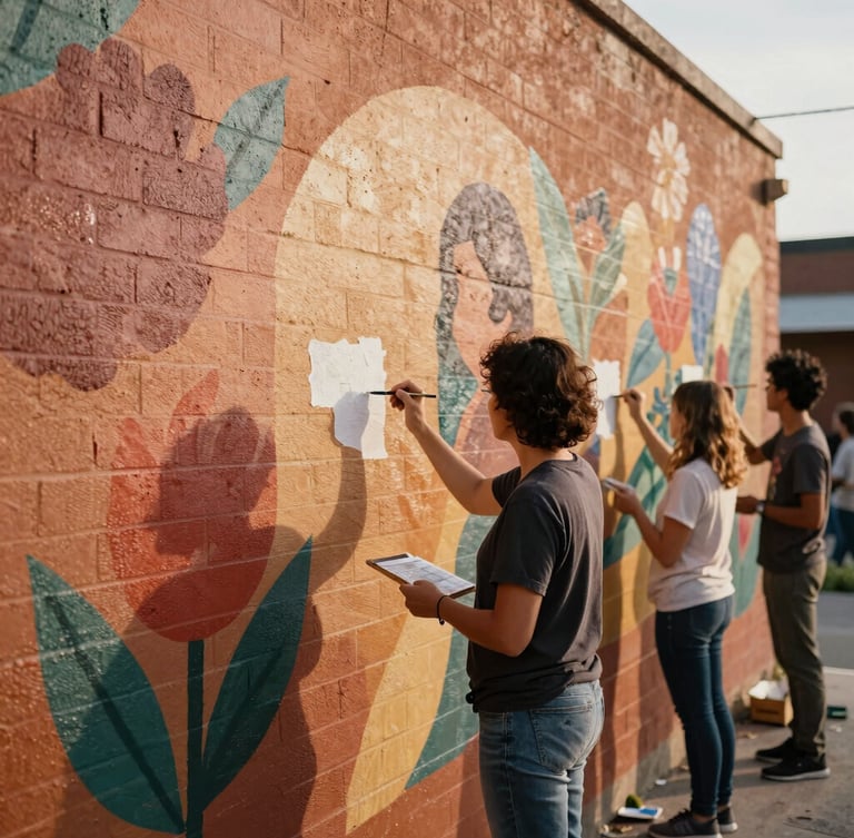 A vibrant community mural in progress, local artists of different ages painting together on a textured brick wall, warm afternoon sun, rich saturated earth tones.