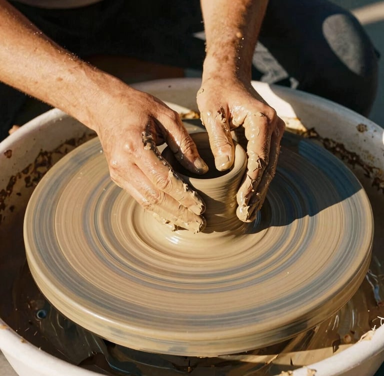 Warm editorial photography of hands molding wet clay on a pottery wheel, golden-hour light highlighting textures, 35mm film style