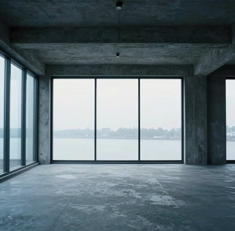 Cool editorial photography of an empty modern design studio with high concrete ceilings, soft overcast daylight through large windows, slate blue and charcoal tones, architectural framing, 35mm