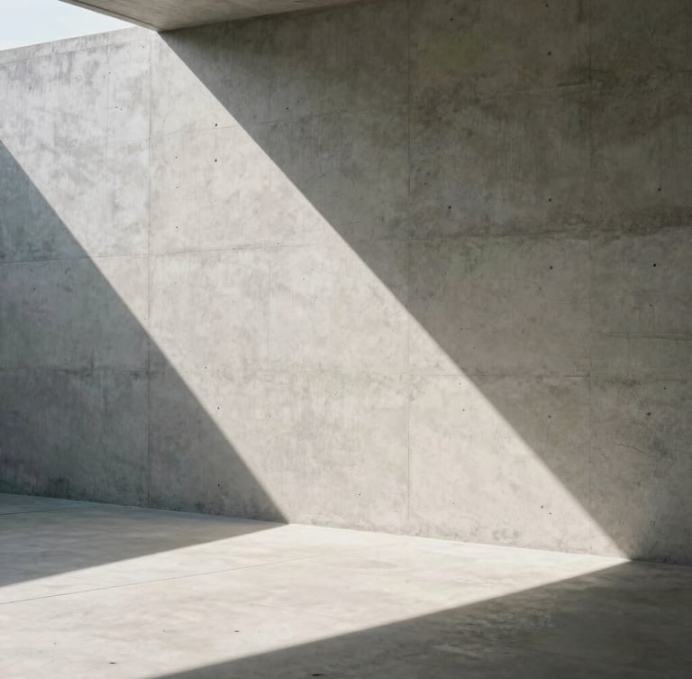 Minimalist architectural space with raw concrete walls, sharp sunlight casting geometric shadows, empty space, 35mm lens