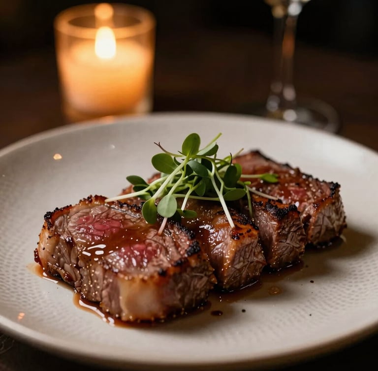Moody editorial food photography, dramatic low-key side lighting, close-up of a textured plate with seared wagyu beef, microgreens, warm amber candlelight glow, extreme shallow depth of field, 35mm