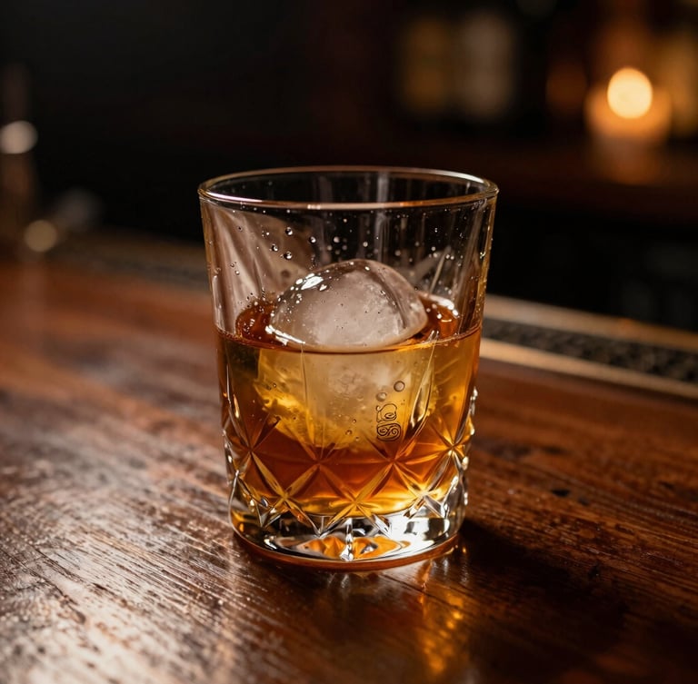 Moody editorial food photography, dramatic low-key side lighting, warm amber tones, extreme shallow depth of field, 35mm. A heavy crystal glass with condensation, filled with an amber liquor and a single large ice sphere, reflecting candlelight on a dark wood bar counter.