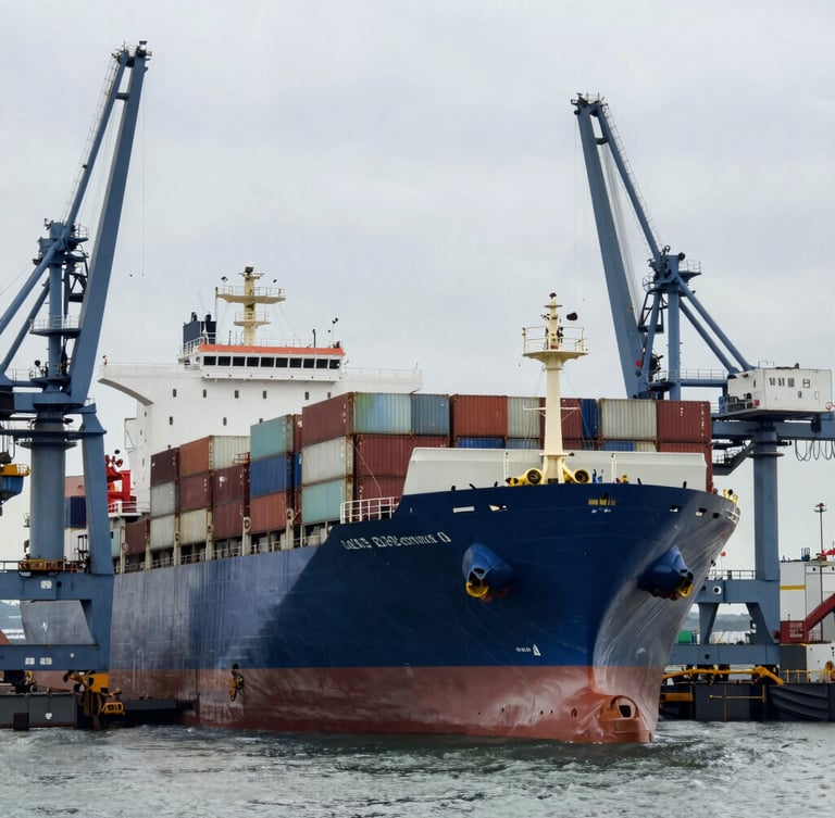 Dramatic wide angle shot of a massive container ship in a drydock shipyard under cool overcast daylight, heavy crane structures framing the vessel, industrial scale.