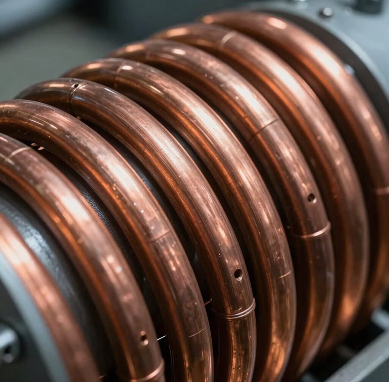 Close-up macro of marine-grade copper-nickel condenser coils, industrial scale, high-contrast cool lighting