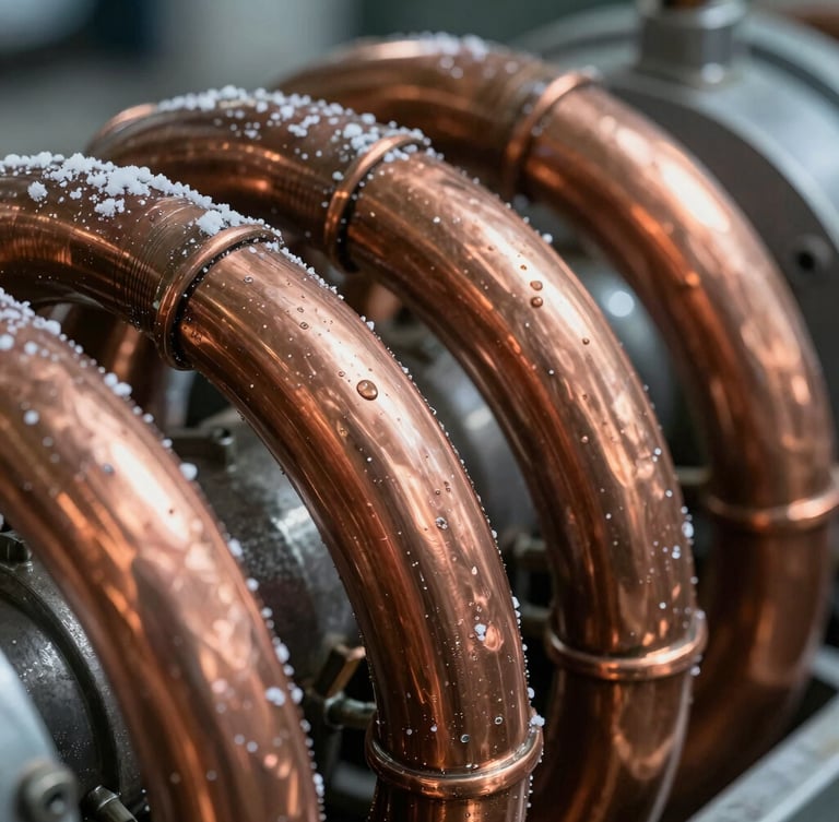 Extreme close-up of copper-nickel condenser coils, glistening with salt spray, high technical detail, cool industrial lighting, sharp focus.