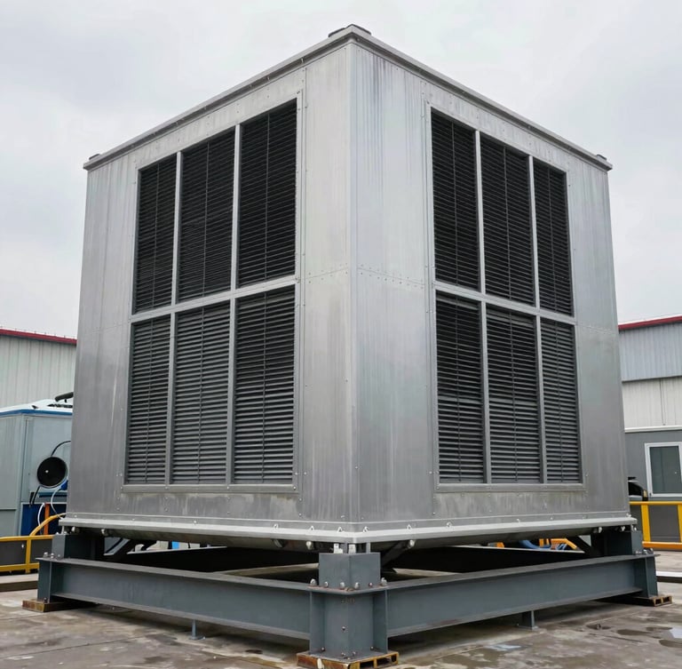 A massive industrial air handling unit being secured on a heavy steel foundation, cool overcast daylight, focus on heavy-duty steel casing and anti-corrosive coatings.
