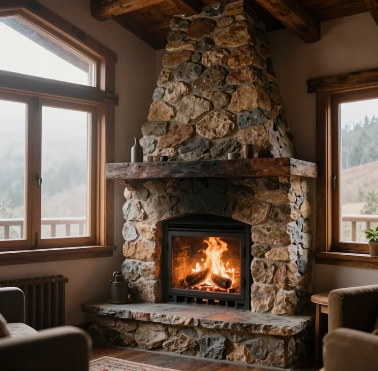 Cozy mountain chalet interior in Bananeiras, stone fireplace with a warm glowing fire, soft misty morning light filtering through wooden windows, warm editorial travel photography, 35mm film aesthetic.