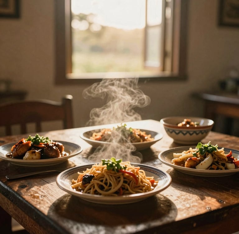 Close-up of a rustic wooden table with regional Paraiba dishes, warm steam rising, golden hour light filtering through a window, 35mm film aesthetic