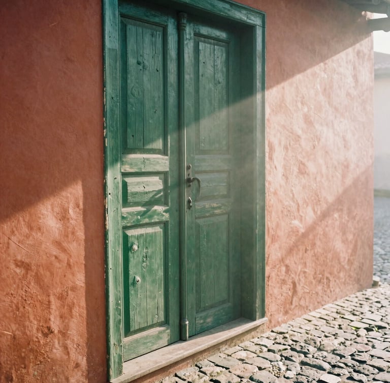 Close-up of a rustic wooden colonial door with weathered texture, soft misty morning light casting long shadows on a cobblestone pathway, warm terracotta and forest green tones, 35mm film aesthetic