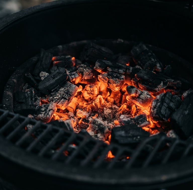Moody close-up of glowing orange embers inside a sleek matte-black grill, low-key lighting, deep shadows, high contrast