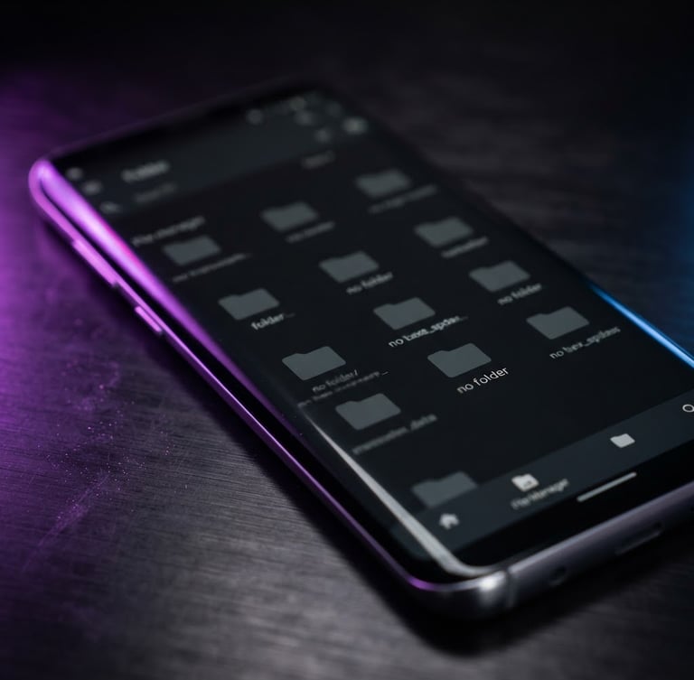 Sleek product photography of a premium Android phone displaying a dark mode file manager interface, moody dark studio lighting with vibrant violet rim lights, 85mm