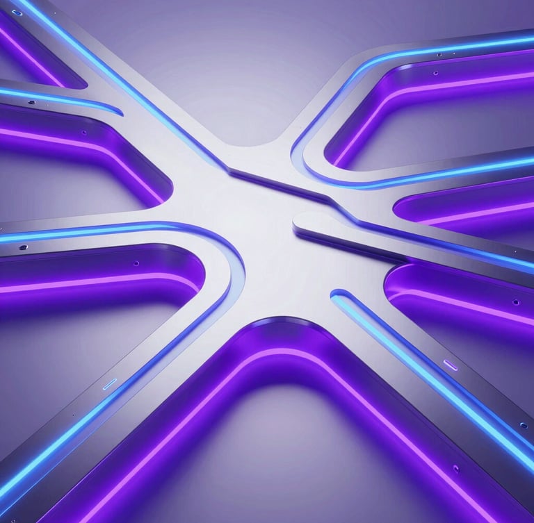 Expansive abstract 3D architectural render of interconnected digital pathways, metallic surfaces reflecting neon purple backlighting, clean studio lighting