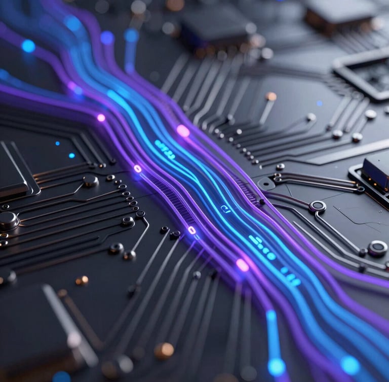 Close-up of a high-fidelity 3D abstract fintech render showing glowing purple and blue code-like data lines flowing through a dark metallic circuit board, premium studio lighting, hyper-detailed.