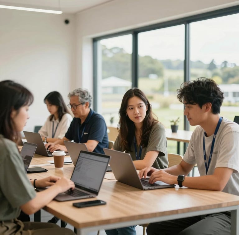 Bright environmental photography of a modern community workspace in Kaitaia, local professionals collaborating over laptops, warm natural daylight, 35mm lens.
