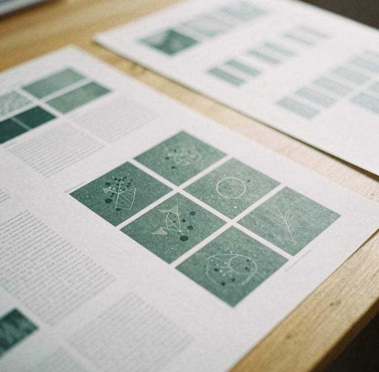 Close-up of physical design proofs and editorial layouts laid out on a clean wooden table, soft overcast British daylight, 35mm film grain