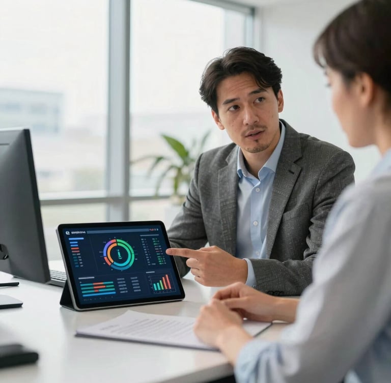 Modern office setting with energy dashboard on a tablet, a professional consultant explaining data to a client, bright natural window light, clean corporate tones, medium depth of field, professional German business setting