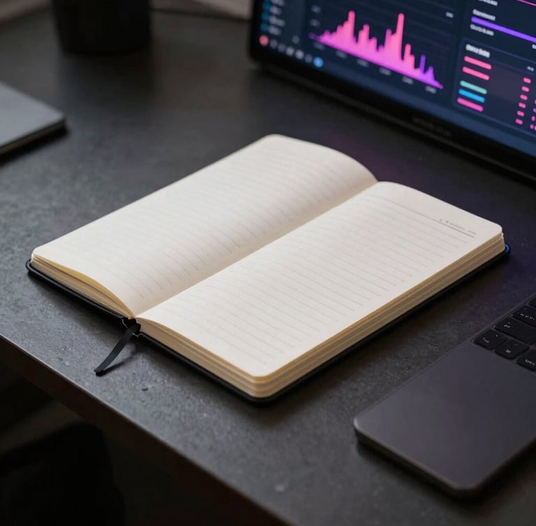 Sleek notebook mockup on a dark reflective table displaying a dark dashboard with pink and purple neon analytics charts, low angle, high contrast