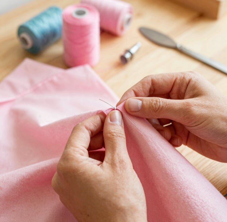Close-up of hands carefully stitching a soft pink pet fabric in a warm, sunlit workshop, sewing tools in the background, warm editorial photography, 35mm