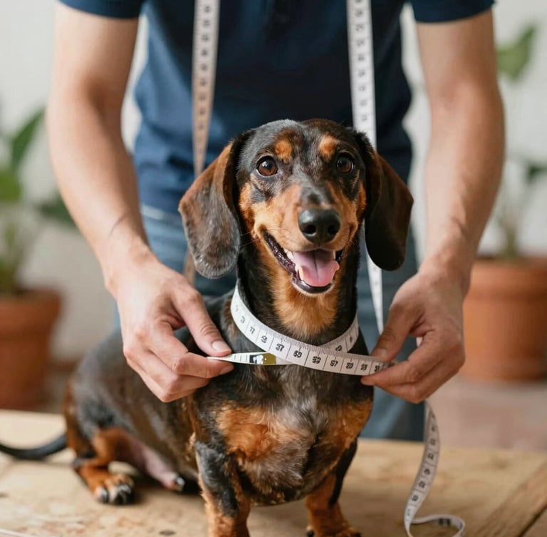 A warm editorial close-up of a tailor gently measuring a happy dachshund with a soft tape measure, warm natural daylight, cozy Mexican home setting, 35mm