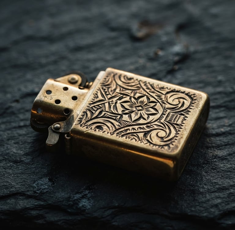 Macro shot of a heavy-gauge solid brass lighter catching high-contrast side-lighting, deep-groove engraving visible, dark slate background