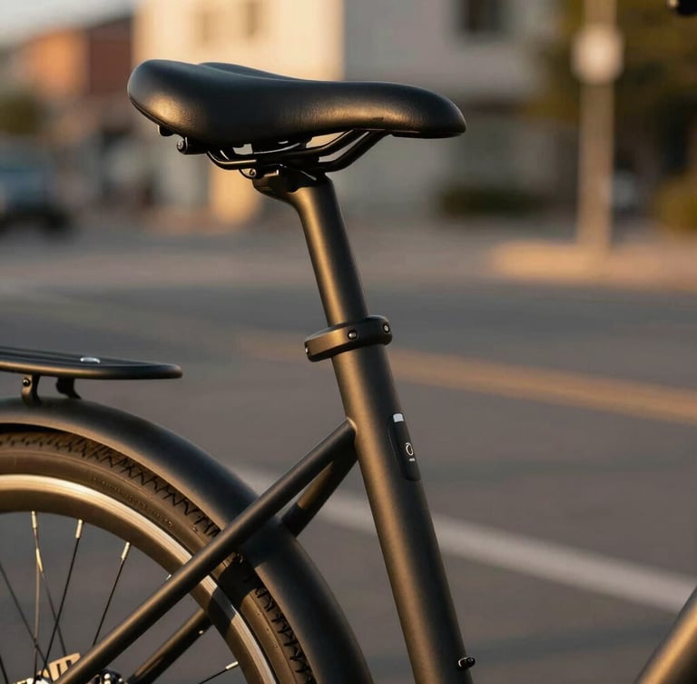 Tight macro shot of an integrated electric bike battery and premium leather saddle, warm golden hour light, rich contrast, shallow depth of field