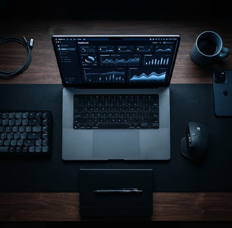 Overhead flat-lay of a clean, quiet workspace. A sleek laptop is open, displaying a structured dashboard with a subtle blue accent glow. Deep black shadows, crisp tech photography style, sharp macro focus, 35mm lens.