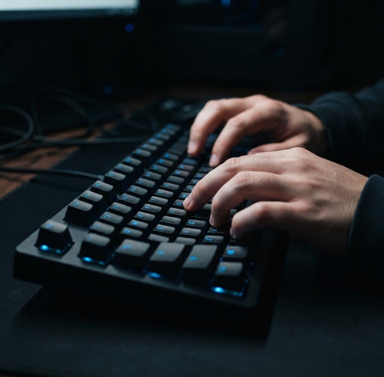 Macro close-up of hands typing on a sleek mechanical keyboard with subtle electric blue backlighting, deep black shadows, crisp technical aesthetic, 35mm lens