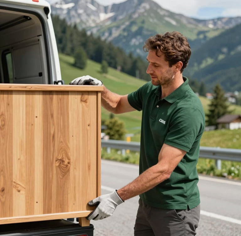 Medium action shot of a professional mover in a dark green polo and protective gloves, carefully securing a wooden cabinet inside a truck, bright natural alpine daylight, sharp focus, 35mm.